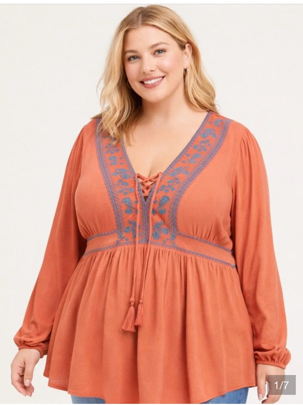 Torrid 3X Rust Embroidered Peasant Blouse Long Sleeve V Neck Rayon Boho Top